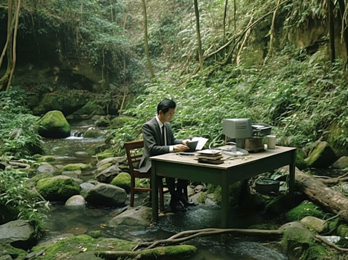 A man sitting at his desk and working in a forest.